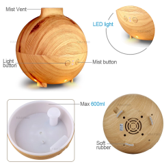 Aroma Diffuser Mist Maker Aromatherapy Humidifier Household with LED Light - Light Wood - 600ml
